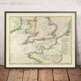 Alte nautische Karte des Englischen Kanals von Russell, 1803: Dover-Calais, Portsmouth, Cherbourg, Le Havre, Boulogne 