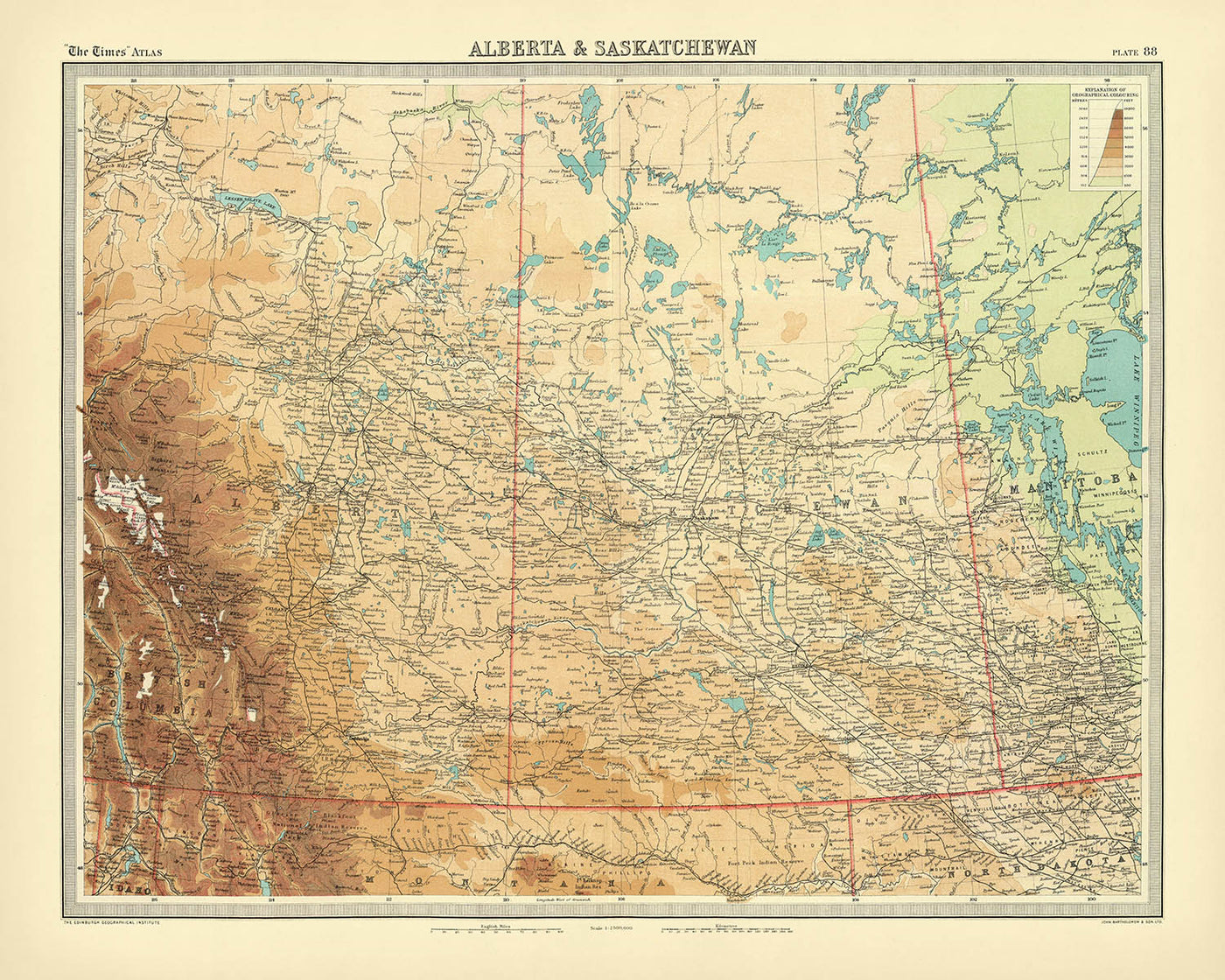 Ancienne carte de l'Alberta et de la Saskatchewan par Bartholomew, 1922 : Calgary, Edmonton, Rocheuses 