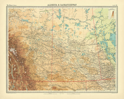 Ancienne carte de l'Alberta et de la Saskatchewan par Bartholomew, 1922 : Calgary, Edmonton, Rocheuses 