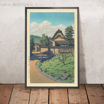 A framed image of Horyuji Temple West Village (Saiin Garan) by Hasui Kawase, 1935