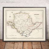 Alte Karte von Anglesey, Wales von Lewis, 1844: Holyhead, Llangefni, Amlwch, Menai Bridge, Beaumaris 