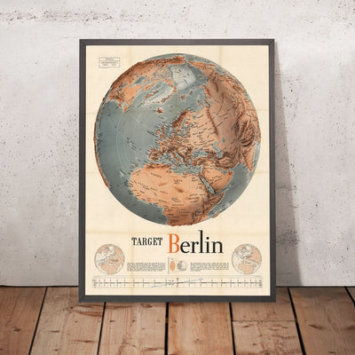 Antigua Mapa Mundial de la WW2 por Manning, 1943: "Objetivo Berlín" Gráfico de Distancia de Bombarderos 