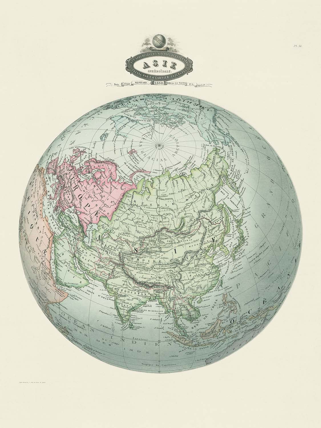 Alter sphärischer Atlas von Asien von Garnier, 1860 