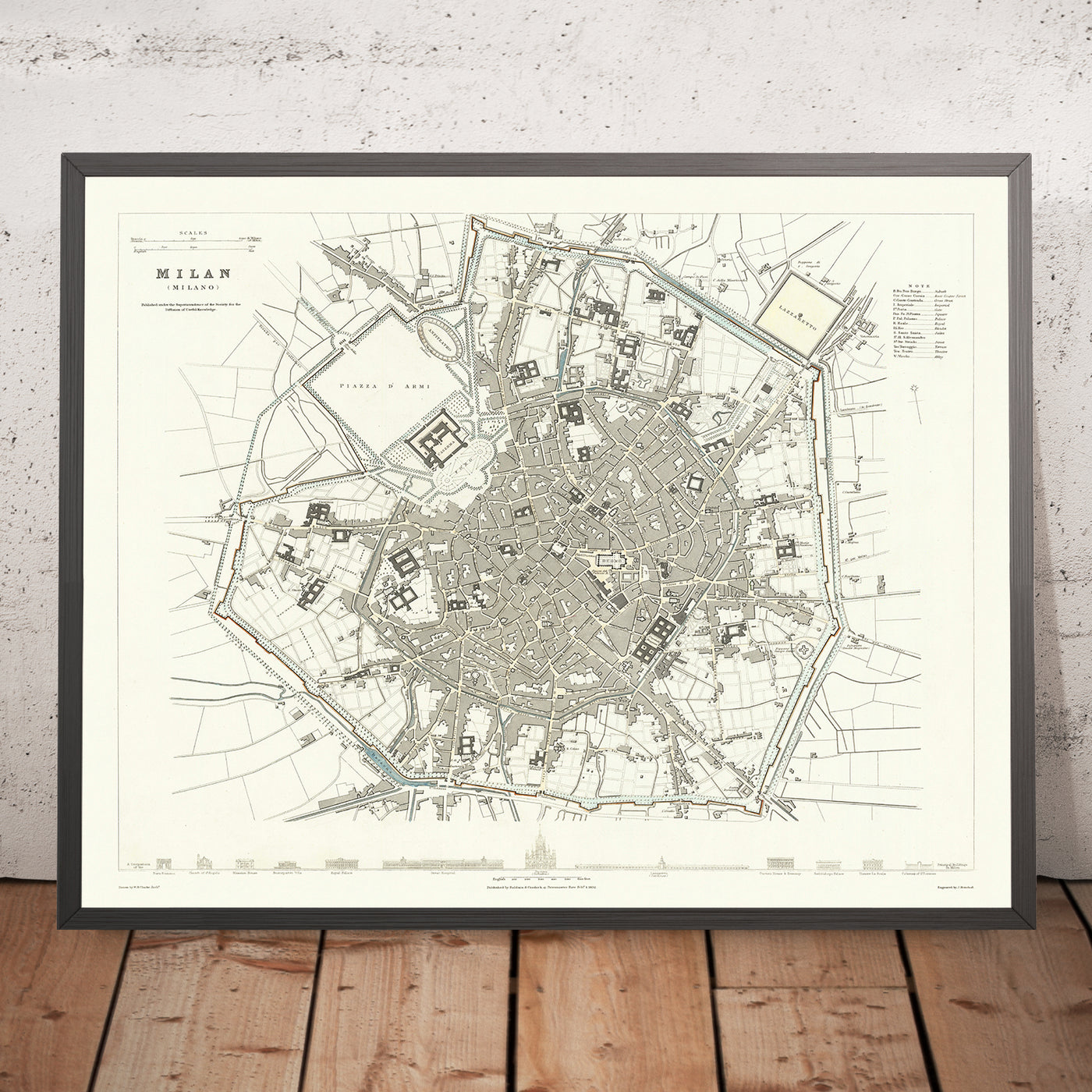 Old Map of Milan, 1832: Duomo, Sforza Castle, Piazza d'Armi, Royal Palace, Lazzaretto