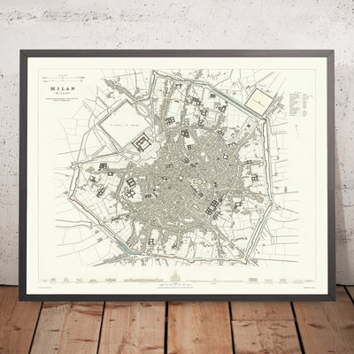 Old Map of Milan, 1832: Duomo, Sforza Castle, Piazza d'Armi, Royal Palace, Lazzaretto