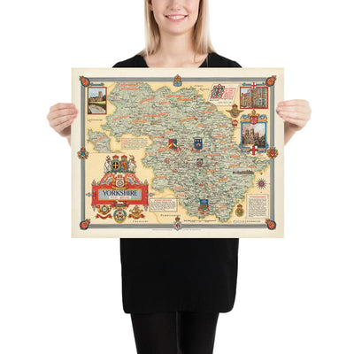 Old Pictorial Map of West Riding of Yorkshire by Clegg, 1946: Leeds, Bradford, Rivers, Churchill Quotes, Coats of Arms