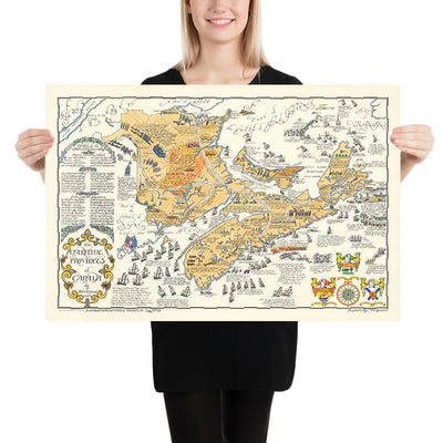 Mapa antiguo de New Brunswick, Nueva Escocia y la Isla del Príncipe Eduardo por Furse, 1963: Batallas navales, rutas de exploración 