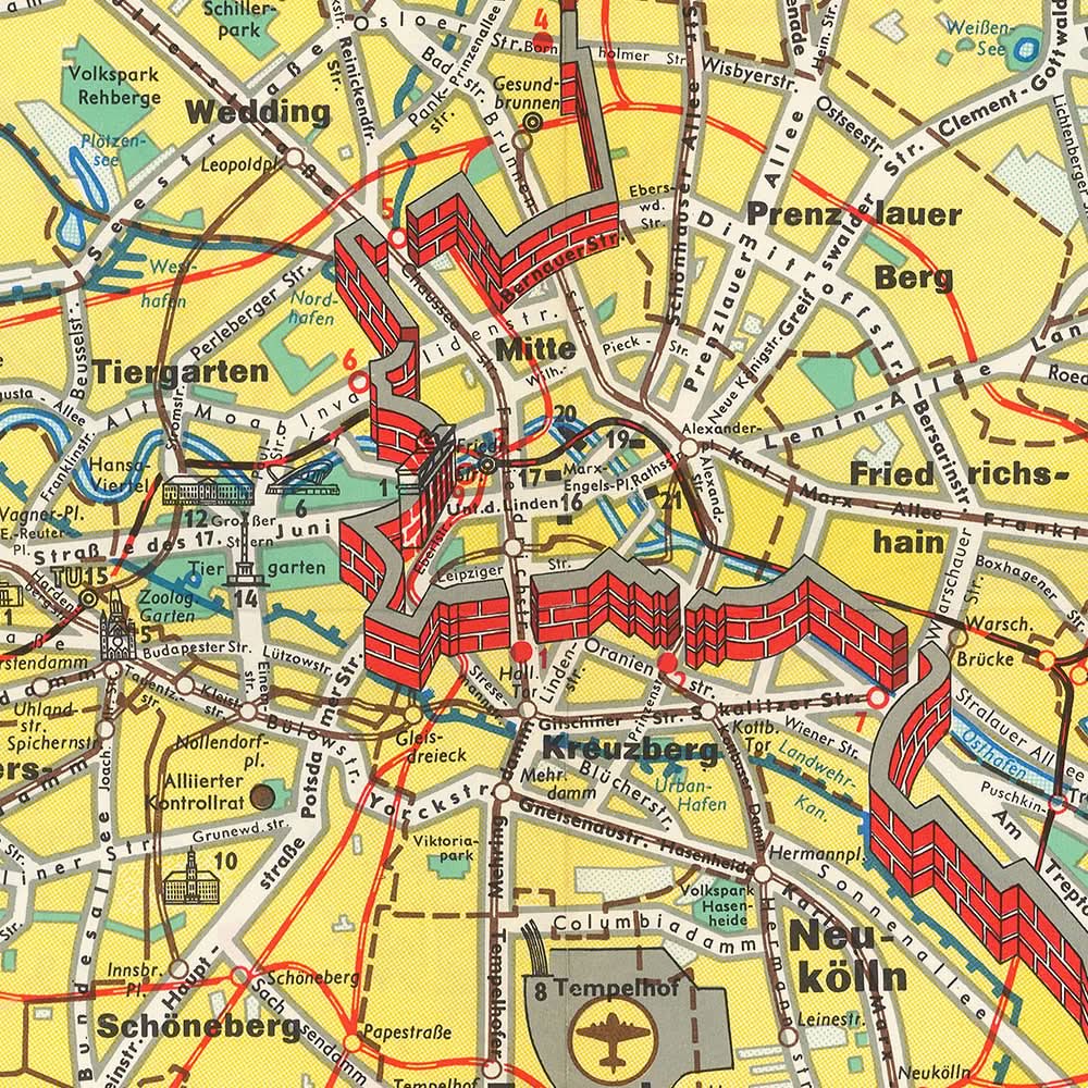 Antigua Mapa de Berlín, 1963: Construcción del Muro de Berlín, Guerra Fría, Puerta de Brandeburgo 