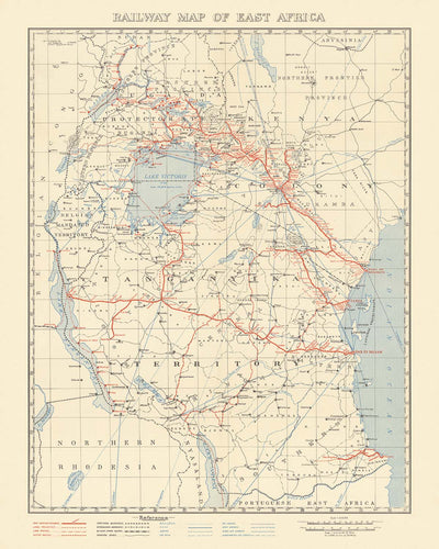 Old Railway Map of East Africa, 1956: Lake Victoria, Kilimanjaro, Kenya, Tanganyika, Uganda