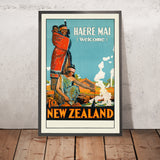 Cartel de viaje de Nueva Zelanda: Haere Mai 