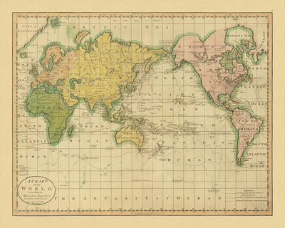 Ancienne carte du monde de Mercator montrant les découvertes du Capitaine Cook par Carey, 1814 : Pacifique centré 