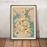 Carte picturale du Delaware par Ruth Taylor White, 1935 : Wilmington, Dover, baie du Delaware, plages, premier État 