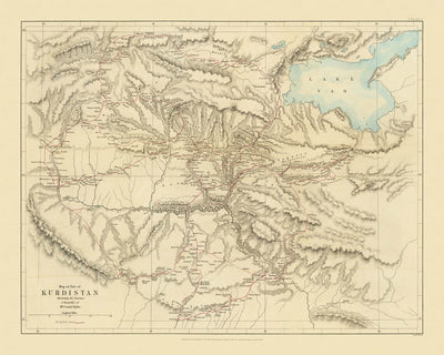 Antigua mapa de Kurdistán por la Sociedad Geográfica Real, 1865: Lago Van, Diyarbakir, Erzurum, Montañas 