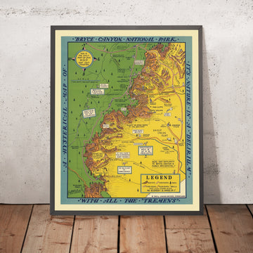 Antica mappa illustrata del Bryce Canyon National Park, Utah di Lindgren, 1940: Rainbow Pt, Natural Bridge, Fairyland 