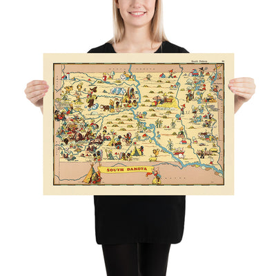 Pictorial Map of South Dakota by Ruth Taylor White, 1935: Sioux Falls, Black Hills, Mount Rushmore, Missouri River, Badlands