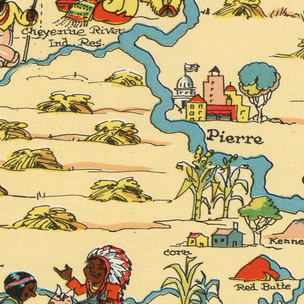 Pictorial Map of South Dakota by Ruth Taylor White, 1935: Sioux Falls, Black Hills, Mount Rushmore, Missouri River, Badlands