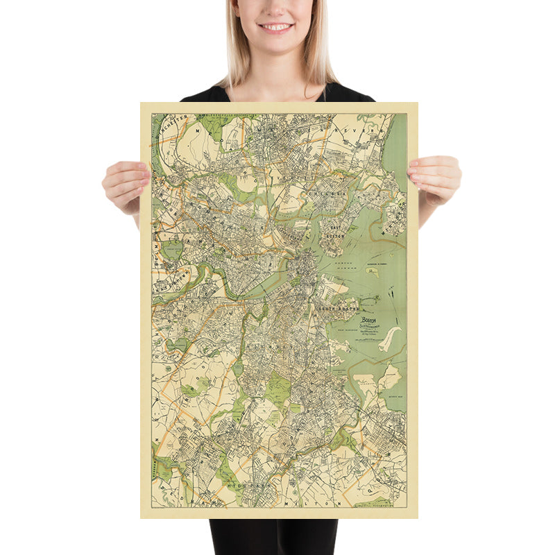 Grande mappa stradale antica di Boston di Walker, 1905: Boston Common, Harvard, fiume Charles, Back Bay 