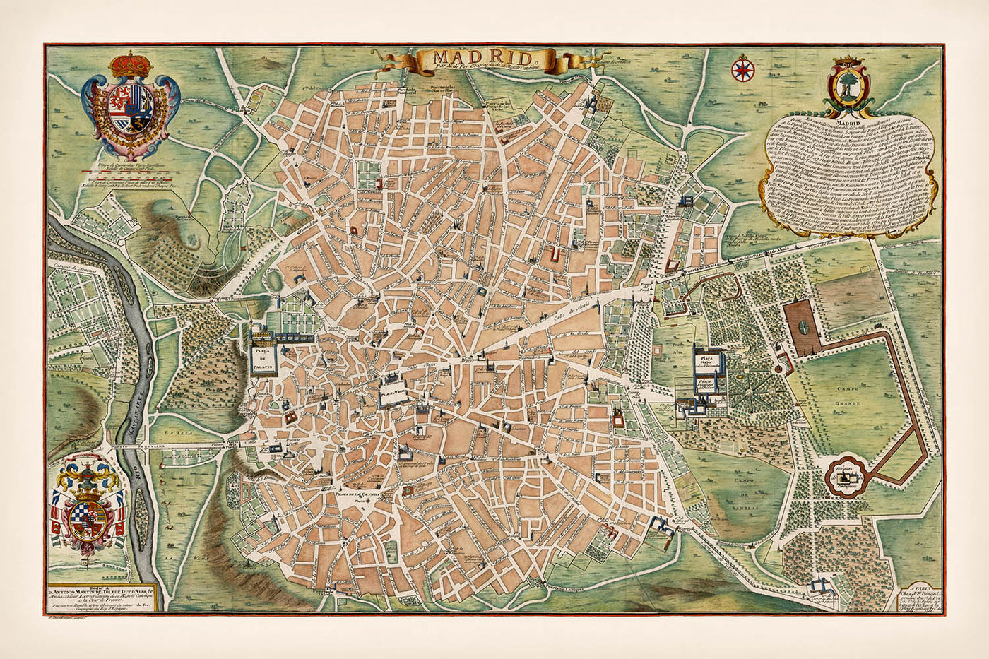 Antigua Mapa de Madrid por de Fer, 1705: Palacio Real, Calle Mayor, Campo Grande, Escudos de Armas, Iglesias 