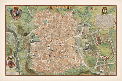Antigua Mapa de Madrid por de Fer, 1705: Palacio Real, Calle Mayor, Campo Grande, Escudos de Armas, Iglesias 