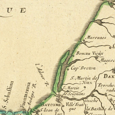 Mapa antiguo del norte de España por Sanson, 1652: Galicia, Asturias, San Sebastián, Bahía de Biscay, País Vasco 