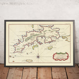Old Rare Naval Map of US Virgin Islands by Bellin, 1764: Charlotte Amalie, Red Hook, St Thomas, Depths, St John inset
