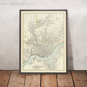 Alte Karte von Cincinnati von Cram, 1911: Ohio River, Mill Creek RR, Vine St, Liberty St, Clifton Ave 