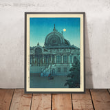Luna de la tarde en el Templo Honganji en Tsukiji por Hasui Kawase 1935 