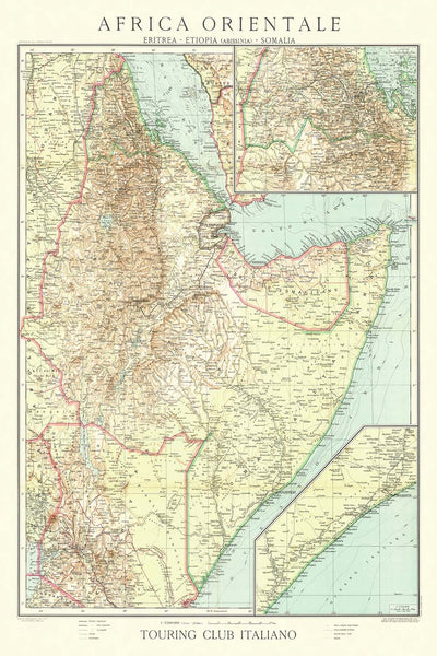 Antigua mapa de África Oriental por el Touring Club Italiano, 1936: Addis Abeba, Mogadiscio, Mar Rojo, Ferrocarriles, Mapas Inset 