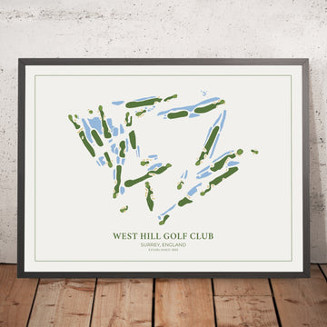 A framed image of West Hill in the style of a simple and modern golf course map
