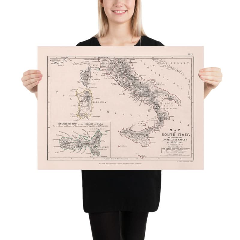 Alte Karte von Napoleons Invasion von Neapel in Süditalien, 1806: Rom, Elba, Sizilien, Kalabrien 