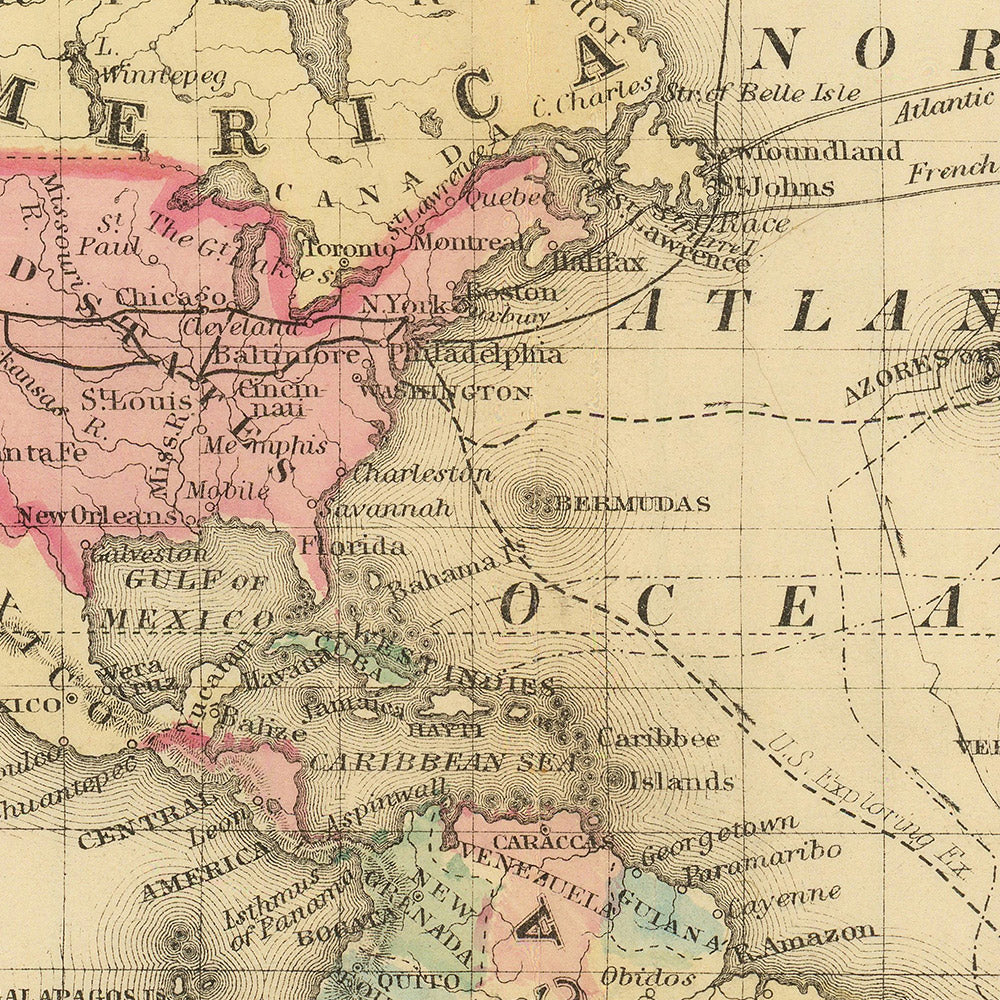Alte Mercator-Weltkarte zentriert auf Amerika von Mitchell, 1882 