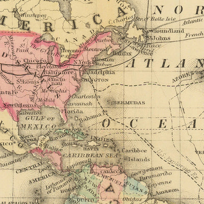 Alte Mercator-Weltkarte zentriert auf Amerika von Mitchell, 1882 