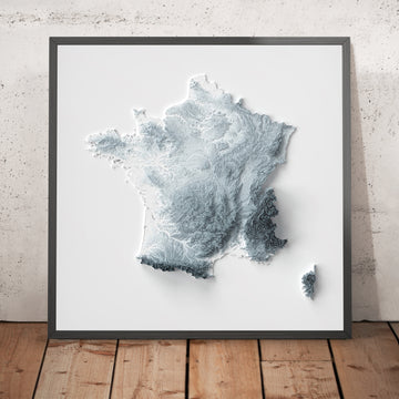 Ein gerahmtes Bild einer topografischen Reliefkarte im 3D-Stil von Frankreich