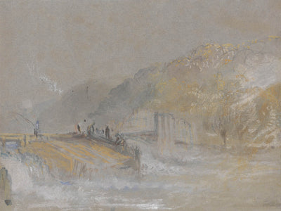Foul von Gott: Flusslandschaft mit Anglern, die von einem Wehr fischen, von Turner, 1830 