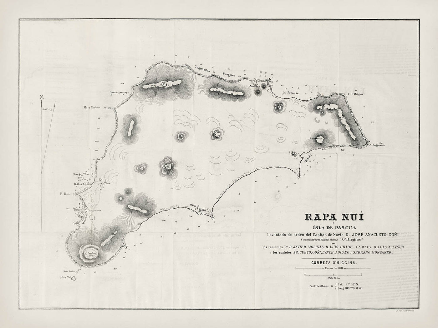 Old Nautical Map of Easter Island, 1870