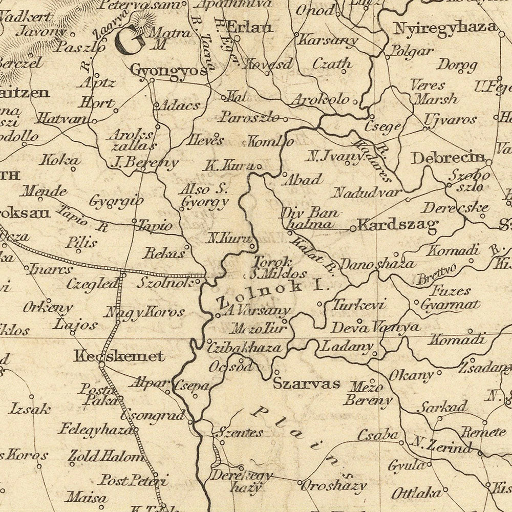 Antigua mapa de Hungría por Tallis, 1851: Budapest, Danubio, Cárpatos, Nobles, Campesinos 