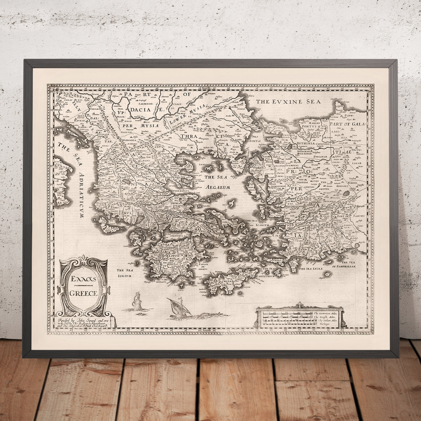 Ancienne carte de la Grèce par Speed, 1676 : Athènes, Corinthe, mer Égée, navires 