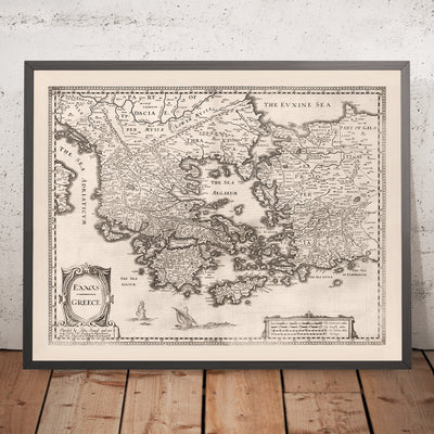 Ancienne carte de la Grèce par Speed, 1676 : Athènes, Corinthe, mer Égée, navires 