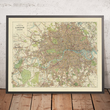Antica mappa stradale edoardiana di Londra di Bacon, 1910: Thames, Westminster, Hyde Park, Regent&