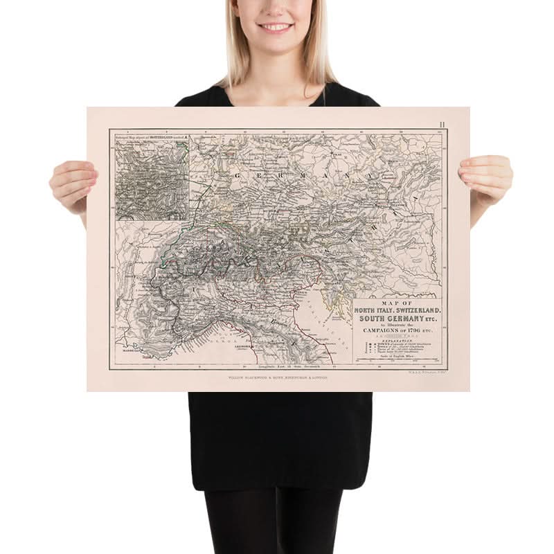 Mappa antica delle campagne di Napoleone in Italia, Svizzera e Germania, 1796 