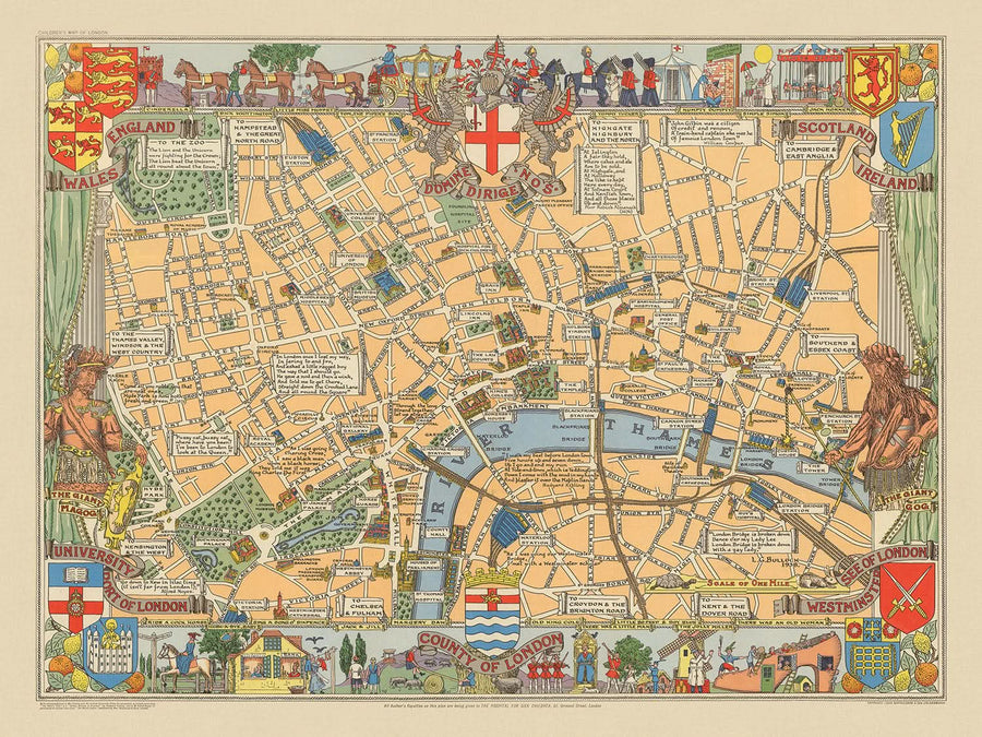Vecchia mappa storica di Londra di Bullock, 1938: Torre di Londra, St. Paul&