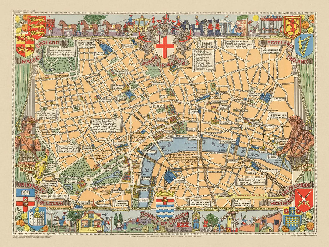 Alte historische Karte von London von Bullock, 1938: Tower of London, St. Paul's, Westminster, Hyde Park, Themse 