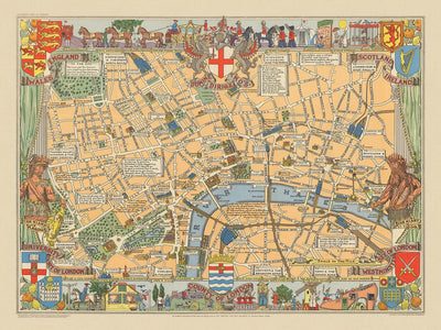 Alte historische Karte von London von Bullock, 1938: Tower of London, St. Paul's, Westminster, Hyde Park, Themse 
