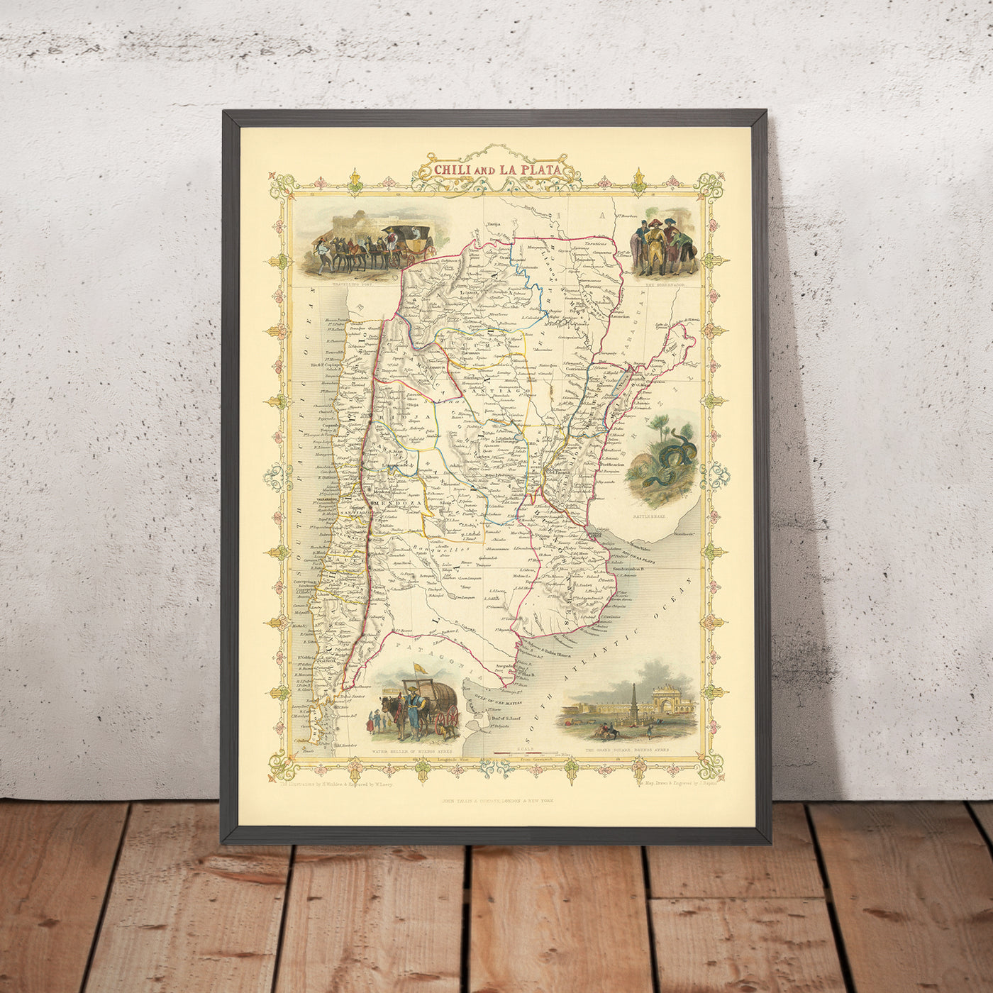 Antigua Mapa de Argentina y Chile por Tallis, 1851: Buenos Aires, Andes, Santiago, Viñetas 