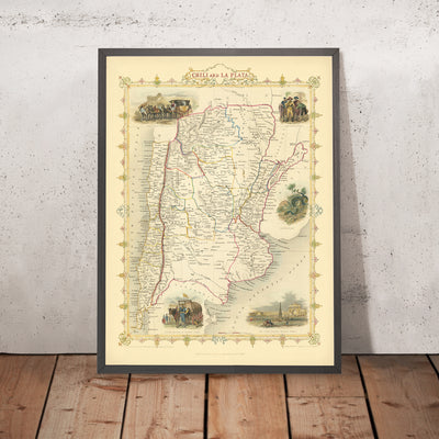 Antigua Mapa de Argentina y Chile por Tallis, 1851: Buenos Aires, Andes, Santiago, Viñetas 