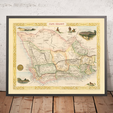 Mappa antica della Colonia del Capo (Sudafrica) di Tallis, 1851: Città del Capo, Tavolo, Knysna, Baia di Algoa, Grande Karroo 
