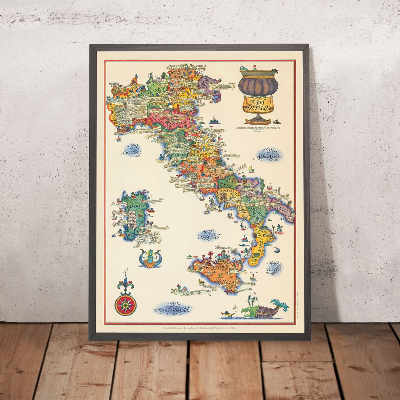 Antigua Mapa Pictórico del Vino de Italia, 1976: Regiones Vinícolas, Ilustraciones Míticas, Viticultura 