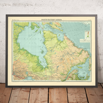 Mapa antiguo de Ontario y Quebec de Bartholomew, 1922: Ciudad de Quebec, St. John’s, bahía de Hudson, montes Torngat, golfo de San Lorenzo 
