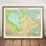 Ancienne carte de l'Ontario et du Québec par Bartholomew, 1922 : Québec, St. John's, baie d'Hudson, montagnes Torngat, golfe du Saint-Laurent 