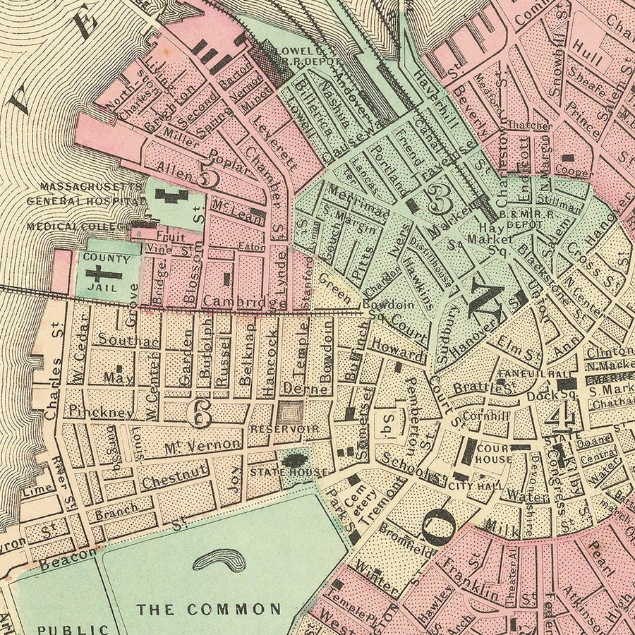 Mappa antica di Boston di Colton, 1866: Boston Common, State House, Porto di Boston, Cambridge, Charlestown 
